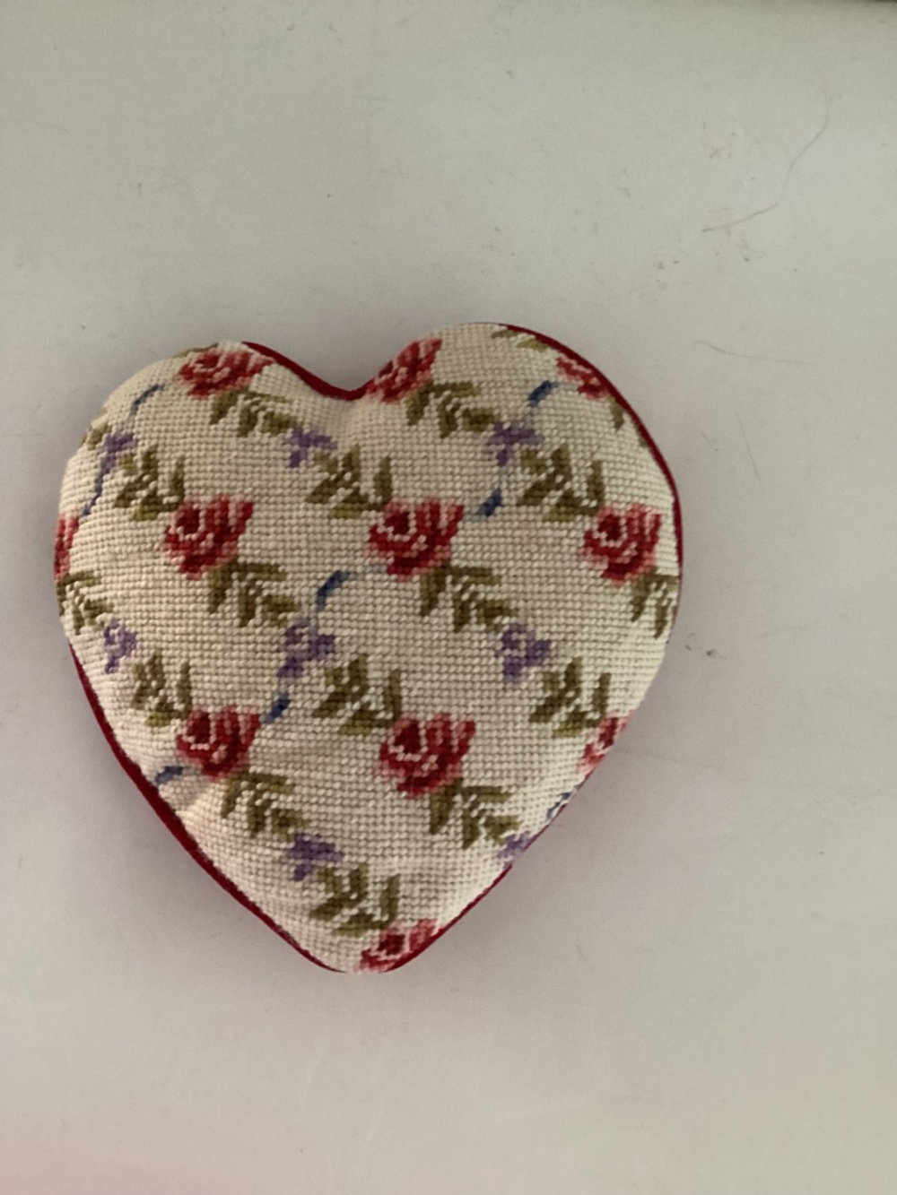 Rose Vine Heart Needlepoint Pillow with Red Velvet Back approx 7 inches